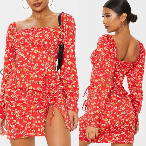 PRETTYLITTLETHING Red Ditsy Floral Bow Detail Side Split Bodycon Dress - Picture 2 of 10